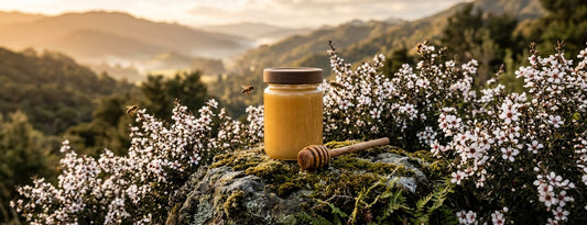 Un tarro de miel de Manuka dorada y una cuchara de madera para miel sobre una roca cubierta de musgo, entre arbustos de Manuka en flor en las colinas de Nueva Zelanda